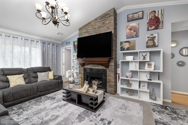 340 N Wixom Rd, Wixom, MI 48393 - living area with vaulted ceiling, a chandelier, crown molding, a stone fireplace, and baseboards