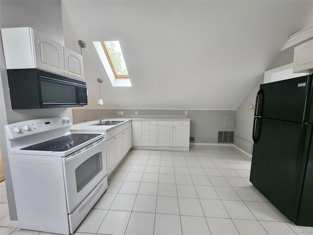 4390 Cass Elizabeth Rd, Waterford, MI 48328 - kitchen with black appliances, a skylight, vaulted ceiling, white cabinets, and light countertops