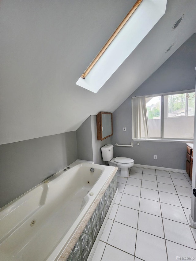 4390 Cass Elizabeth Rd, Waterford, MI 48328 - bathroom with lofted ceiling, a tub with jets, a skylight, tile patterned floors, and vanity