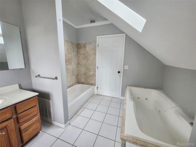 4390 Cass Elizabeth Rd, Waterford, MI 48328 - bathroom with a skylight, a whirlpool tub, lofted ceiling, vanity, and tile patterned floors