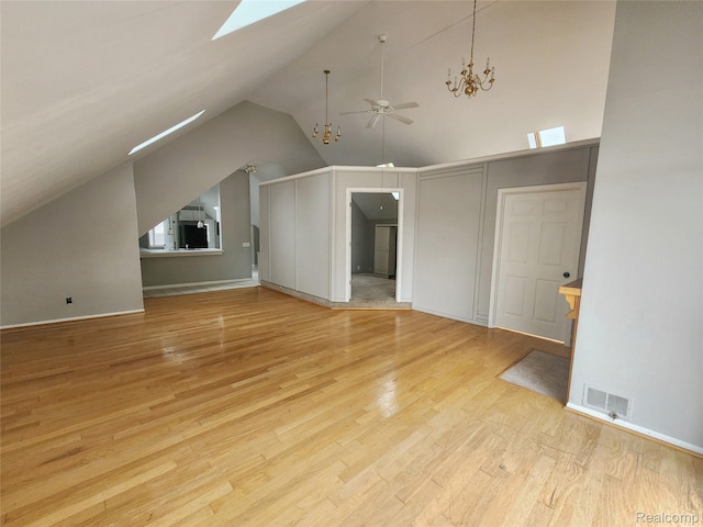 4390 Cass Elizabeth Rd, Waterford, MI 48328 - bonus room featuring a skylight, a ceiling fan, lofted ceiling, and light wood-style flooring