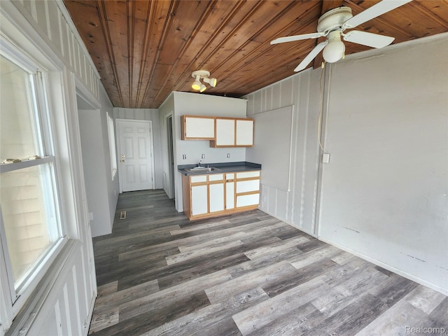 4390 Cass Elizabeth Rd, Waterford, MI 48328 - kitchen featuring wooden ceiling, wood finished floors, a ceiling fan, and dark countertops