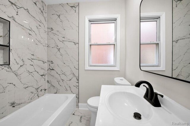 13332 Maiden St, Detroit, MI 48213 - full bathroom with marble finish floors, toilet, bathing tub / shower combination, vanity, and baseboards