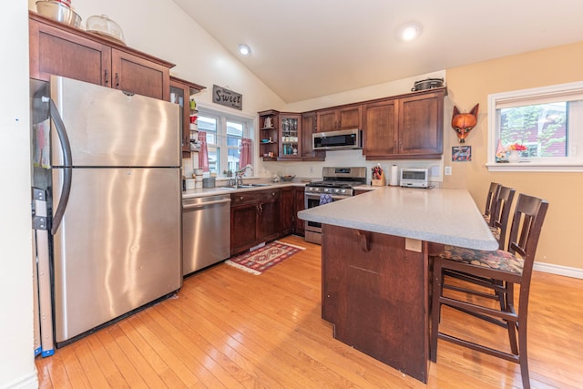 500 Little Lake Dr # 1, Ann Arbor, MI 48103 - kitchen with stainless steel appliances, a peninsula, light wood finished floors, glass insert cabinets, and lofted ceiling