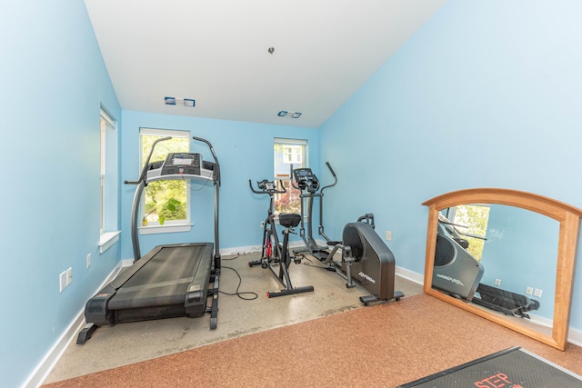500 Little Lake Dr # 1, Ann Arbor, MI 48103 - workout room featuring baseboards and lofted ceiling