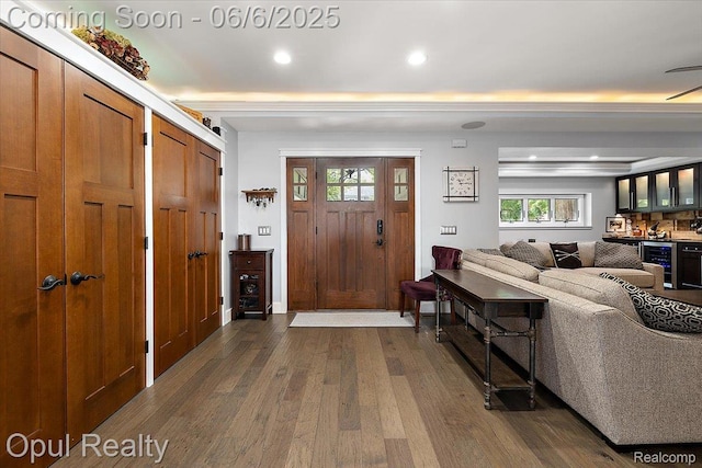 716 Magnolia Ave, Royal Oak, MI 48073 - entryway featuring wine cooler, dark wood-style floors, recessed lighting, and bar