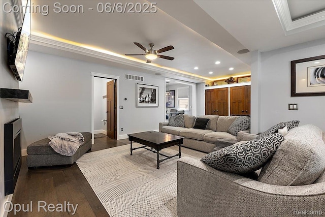 716 Magnolia Ave, Royal Oak, MI 48073 - living room with a raised ceiling, recessed lighting, hardwood / wood-style flooring, ceiling fan, and baseboards