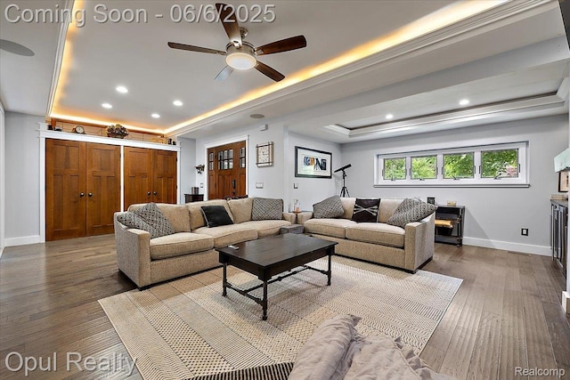 716 Magnolia Ave, Royal Oak, MI 48073 - living room with a raised ceiling, baseboards, recessed lighting, wood finished floors, and ceiling fan