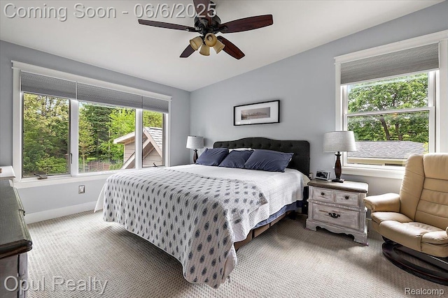 716 Magnolia Ave, Royal Oak, MI 48073 - bedroom featuring carpet, baseboards, lofted ceiling, and a ceiling fan