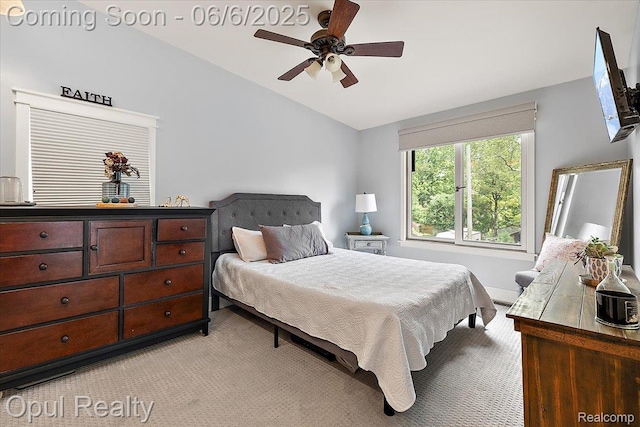 716 Magnolia Ave, Royal Oak, MI 48073 - bedroom featuring lofted ceiling, light carpet, and ceiling fan