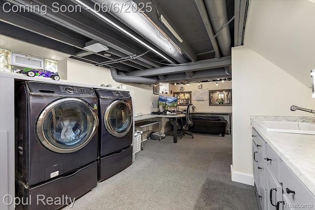 716 Magnolia Ave, Royal Oak, MI 48073 - laundry room featuring cabinet space, carpet floors, washing machine and clothes dryer, and an office area