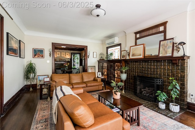 22 Edison St, Detroit, MI 48202 - living room with wood finished floors, a wall mounted AC, a fireplace, and baseboards