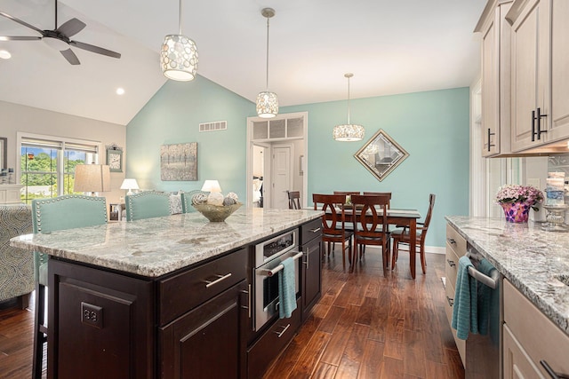 33515 28th Ave, Paw Paw, MI 49079 - kitchen with open floor plan, dark wood-type flooring, a kitchen breakfast bar, stainless steel appliances, and recessed lighting