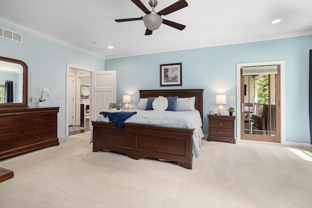 33515 28th Ave, Paw Paw, MI 49079 - bedroom featuring crown molding, light carpet, recessed lighting, access to exterior, and baseboards