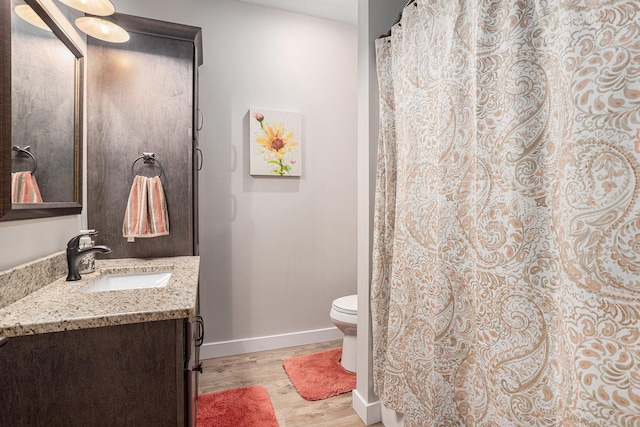 33515 28th Ave, Paw Paw, MI 49079 - bathroom featuring vanity, wood finished floors, toilet, and baseboards
