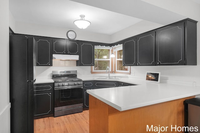 1724 Sandra St NW, Grand Rapids, MI 49544 - kitchen with gas stove, a sink, under cabinet range hood, dark cabinets, and a peninsula