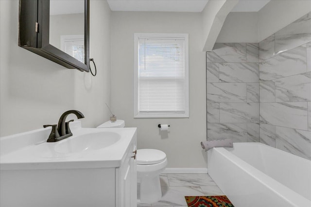 17217 Plainview Ave, Detroit, MI 48219 - full bathroom with marble look tile flooring, toilet, vanity, baseboards, and shower / tub combination