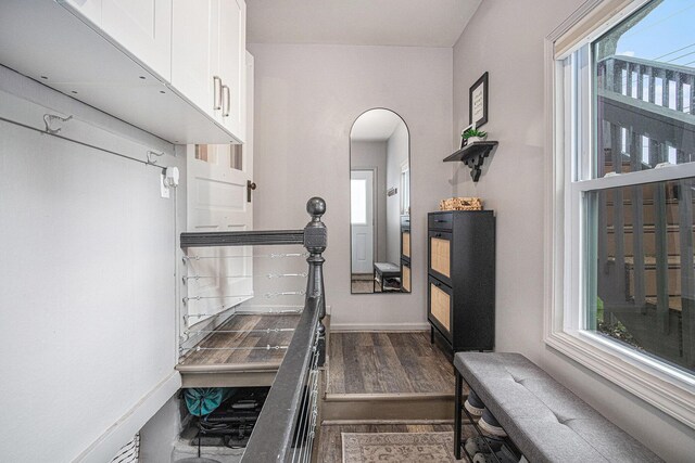 2335 Niles Ave, Saint Joseph, MI 49085 - staircase with arched walkways, healthy amount of natural light, wood finished floors, and baseboards