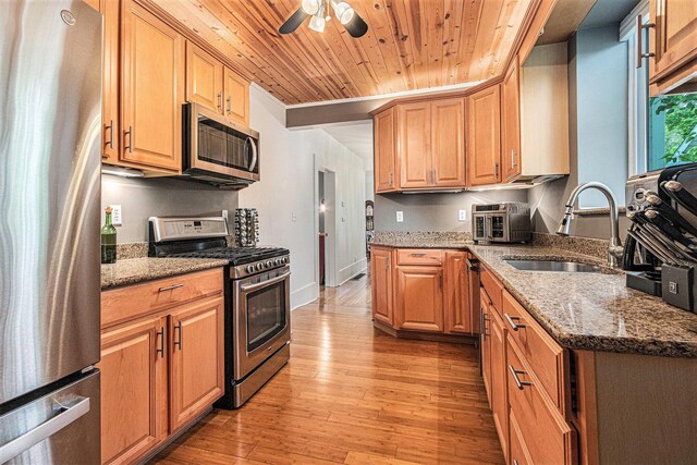 2335 Niles Ave, Saint Joseph, MI 49085 - kitchen with appliances with stainless steel finishes, a sink, wooden ceiling, a ceiling fan, and light wood finished floors