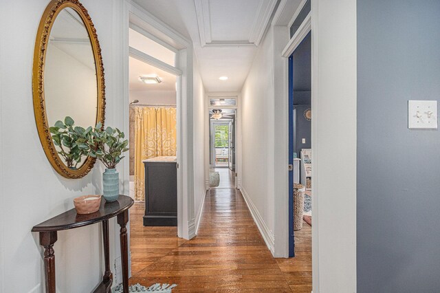 2335 Niles Ave, Saint Joseph, MI 49085 - hallway featuring wood-type flooring, baseboards, and ornamental molding