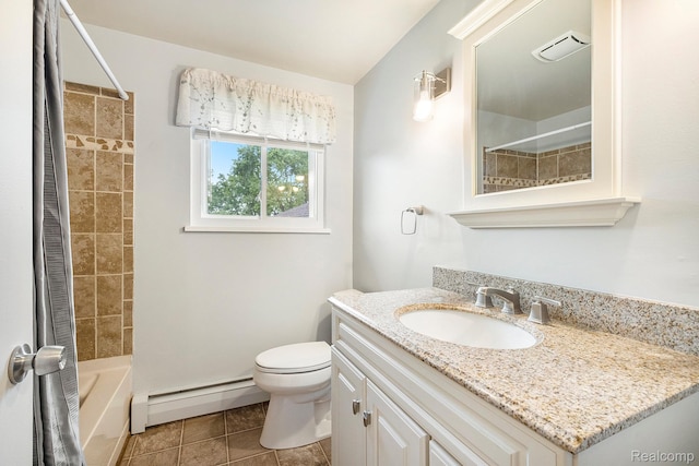 7340 Hartland Rd, Fenton, MI 48430 - bathroom with a baseboard radiator, vanity, toilet, bathtub / shower combination, and tile patterned flooring