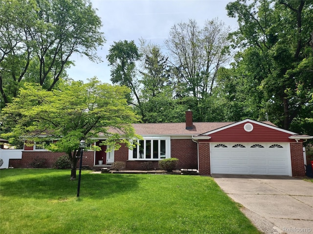 24781 Larkins St, Southfield, MI 48033 - view of front facade featuring an attached garage, concrete driveway, brick siding, a front yard, and a chimney