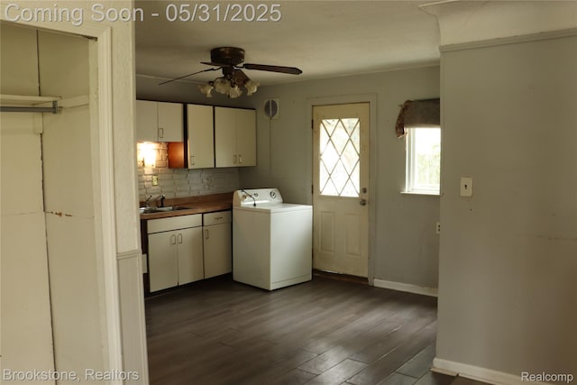 27261 Academy St, Roseville, MI 48066 - laundry area featuring washer / dryer, cabinet space, a ceiling fan, dark wood finished floors, and baseboards