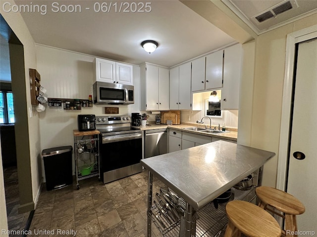 9044 N Sheldon Rd, Plymouth, MI 48170 - kitchen featuring stainless steel appliances, a sink, white cabinets, stone finish flooring, and light countertops