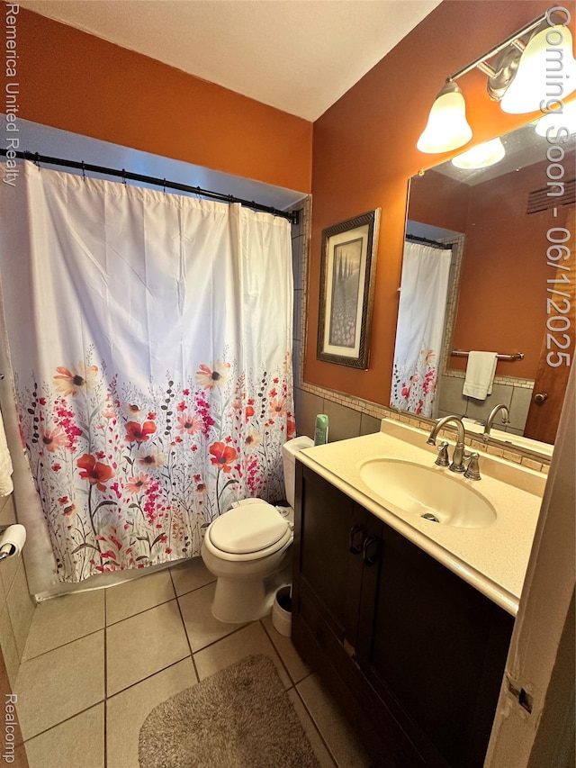 9044 N Sheldon Rd, Plymouth, MI 48170 - full bath featuring vanity, toilet, tile patterned flooring, and curtained shower