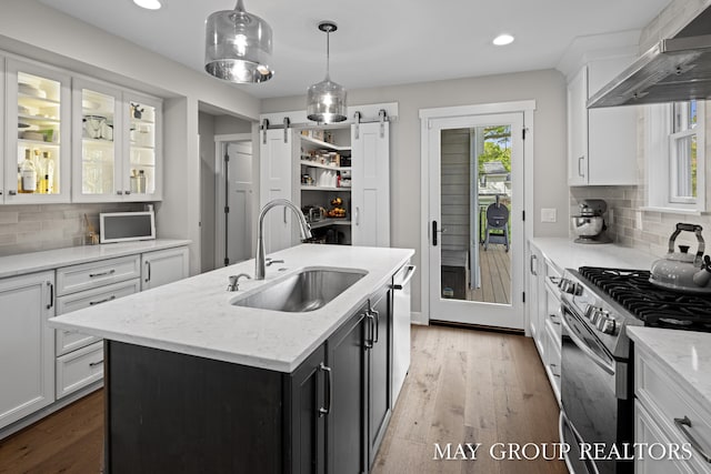 2050 Anderson Dr SE, East Grand Rapids, MI 49506 - kitchen featuring a sink, wall chimney exhaust hood, appliances with stainless steel finishes, a barn door, and white cabinets