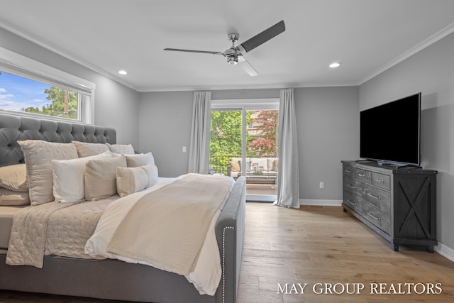 2050 Anderson Dr SE, East Grand Rapids, MI 49506 - bedroom featuring ornamental molding, access to exterior, light wood-type flooring, recessed lighting, and baseboards