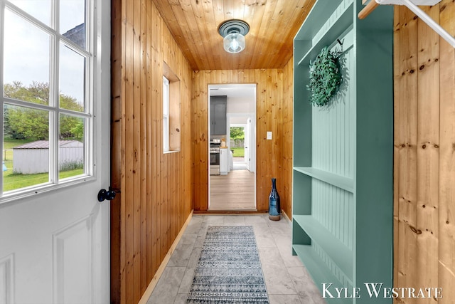 810 James St, Belding, MI 48809 - doorway with wooden ceiling and wood walls