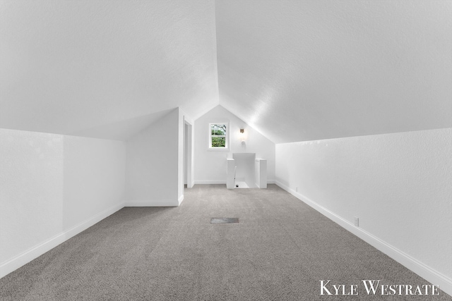 810 James St, Belding, MI 48809 - additional living space with vaulted ceiling, carpet flooring, baseboards, and a textured ceiling