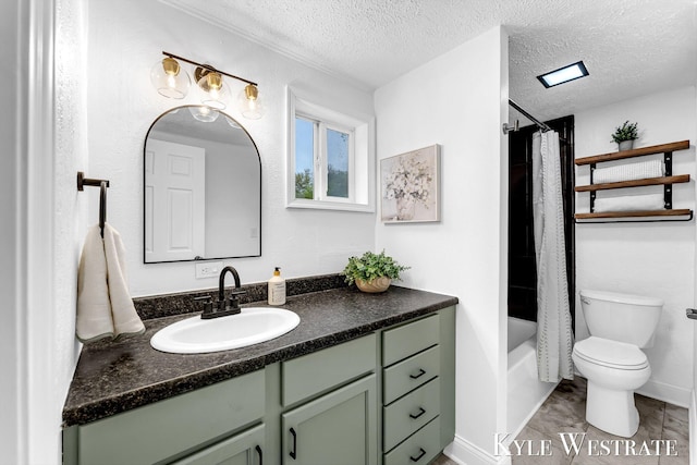 810 James St, Belding, MI 48809 - bathroom featuring vanity, a textured ceiling, toilet, shower / tub combo with curtain, and marble look tiles