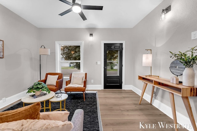 810 James St, Belding, MI 48809 - living room with a ceiling fan, light wood-style floors, and baseboards