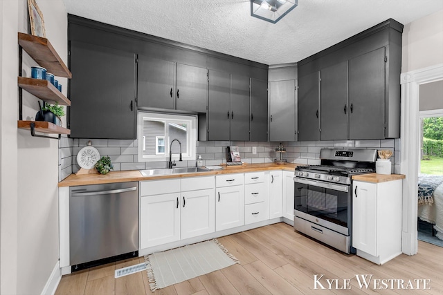 810 James St, Belding, MI 48809 - kitchen with wooden counters, appliances with stainless steel finishes, a sink, open shelves, and light wood-type flooring