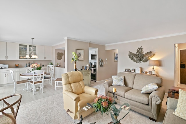 824 Cliffs Dr E Unit 304, Ypsilanti, MI 48198 - living room with crown molding, light wood-style floors, and a chandelier