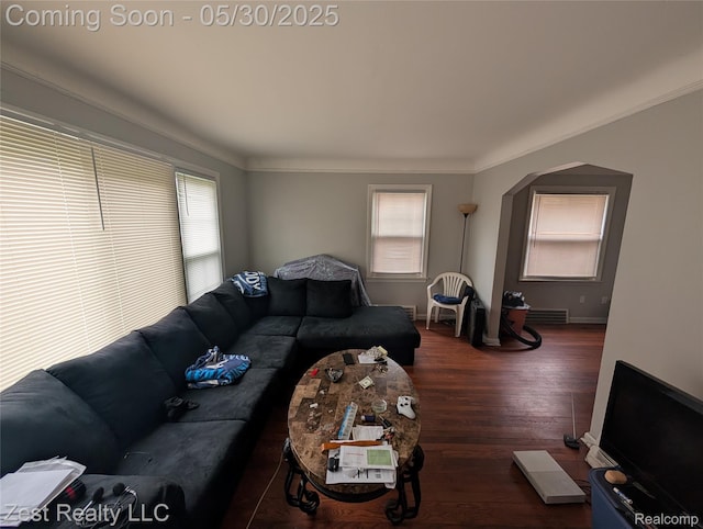 15340 Heyden St, Detroit, MI 48223 - living room featuring healthy amount of natural light, crown molding, wood finished floors, baseboards, and arched walkways