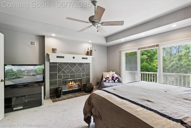 6642 Carlyle Ct, West Bloomfield, MI 48322 - tiled bedroom featuring recessed lighting, a fireplace, multiple windows, carpet, and a ceiling fan