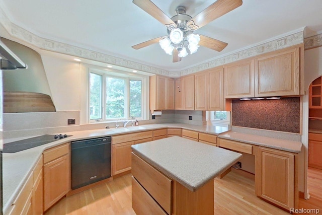 25490 E River Rd, Grosse Ile, MI 48138 - kitchen with black appliances, light brown cabinets, and light wood-type flooring