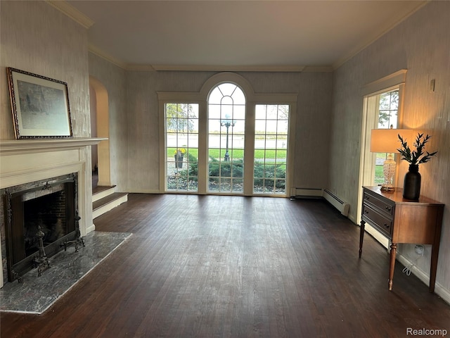 25490 E River Rd, Grosse Ile, MI 48138 - unfurnished living room with dark wood-style flooring, a premium fireplace, crown molding, a baseboard heating unit, and arched walkways