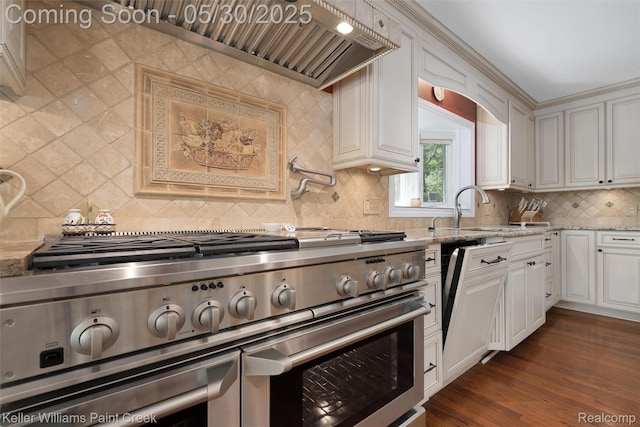 3120 Pond Rd, Leonard, MI 48367 - kitchen with range with two ovens, a sink, decorative backsplash, light stone countertops, and custom exhaust hood
