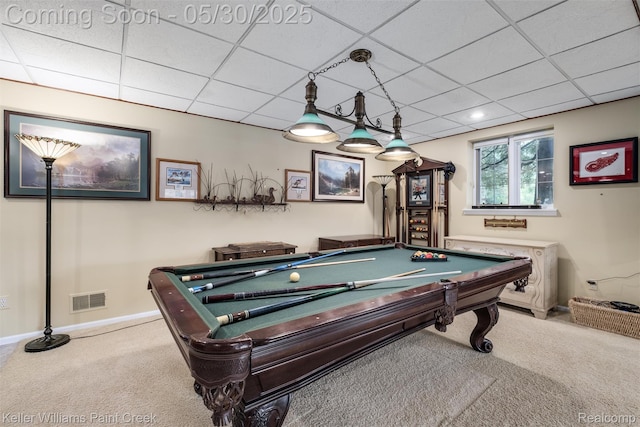 3120 Pond Rd, Leonard, MI 48367 - rec room with carpet flooring, a drop ceiling, baseboards, and billiards table