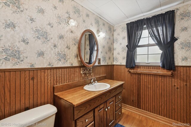 301 N Church St, Byron, MI 48418 - bathroom featuring wood finished floors, toilet, wainscoting, vanity, and ornamental molding