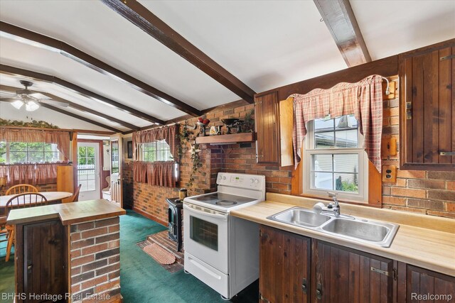 301 N Church St, Byron, MI 48418 - kitchen with white range with electric cooktop, a sink, ceiling fan, open shelves, and dark brown cabinets