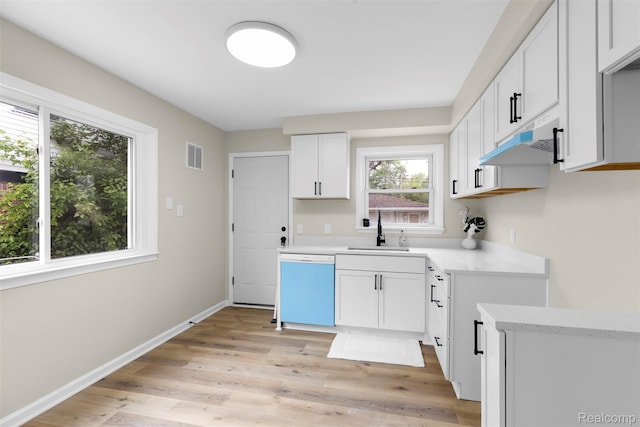 1621 Fairbairn St, Dearborn, MI 48141 - kitchen with dishwashing machine, under cabinet range hood, light wood-style floors, light countertops, and white cabinets