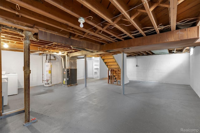 1621 Fairbairn St, Dearborn, MI 48141 - unfinished basement with washing machine and clothes dryer, gas water heater, stairway, heating unit, and concrete block wall