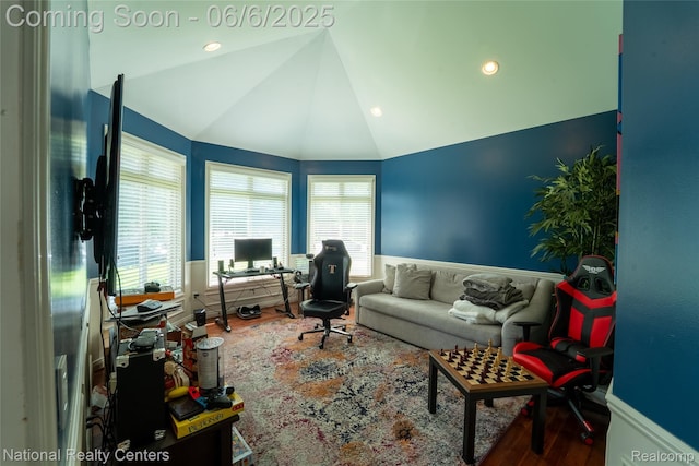 54959 Glen Oaks Dr, Shelby Twp, MI 48315 - office featuring wood finished floors, vaulted ceiling, healthy amount of natural light, and recessed lighting