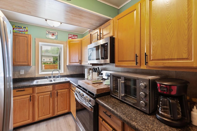 2045 Adams St, Adrian, MI 49221 - kitchen with stainless steel appliances, ornamental molding, a sink, and light wood finished floors