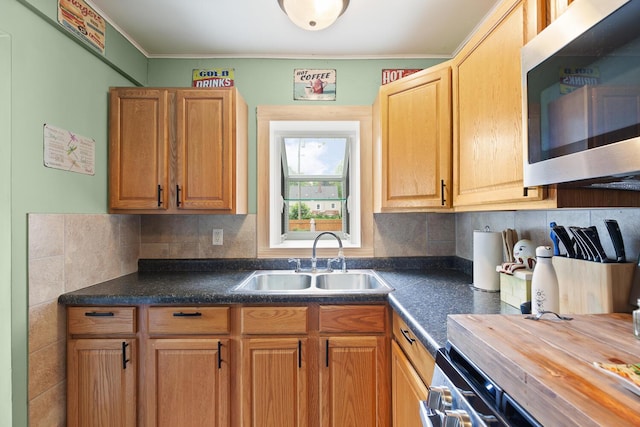 2045 Adams St, Adrian, MI 49221 - kitchen with stainless steel microwave, a sink, decorative backsplash, crown molding, and wooden counters